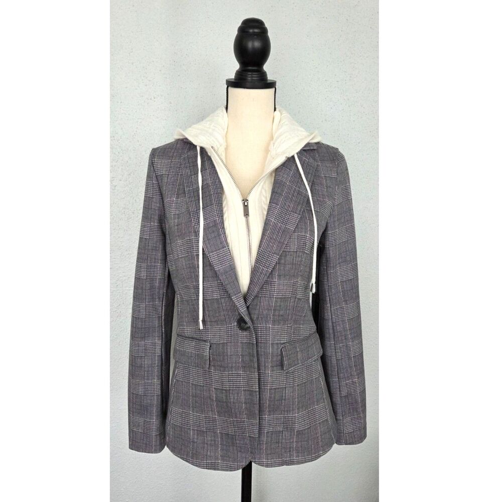 Tahari 2-in-1 Plaid Hooded Blazer Jacket Small NWT Black Cream Dark Academia